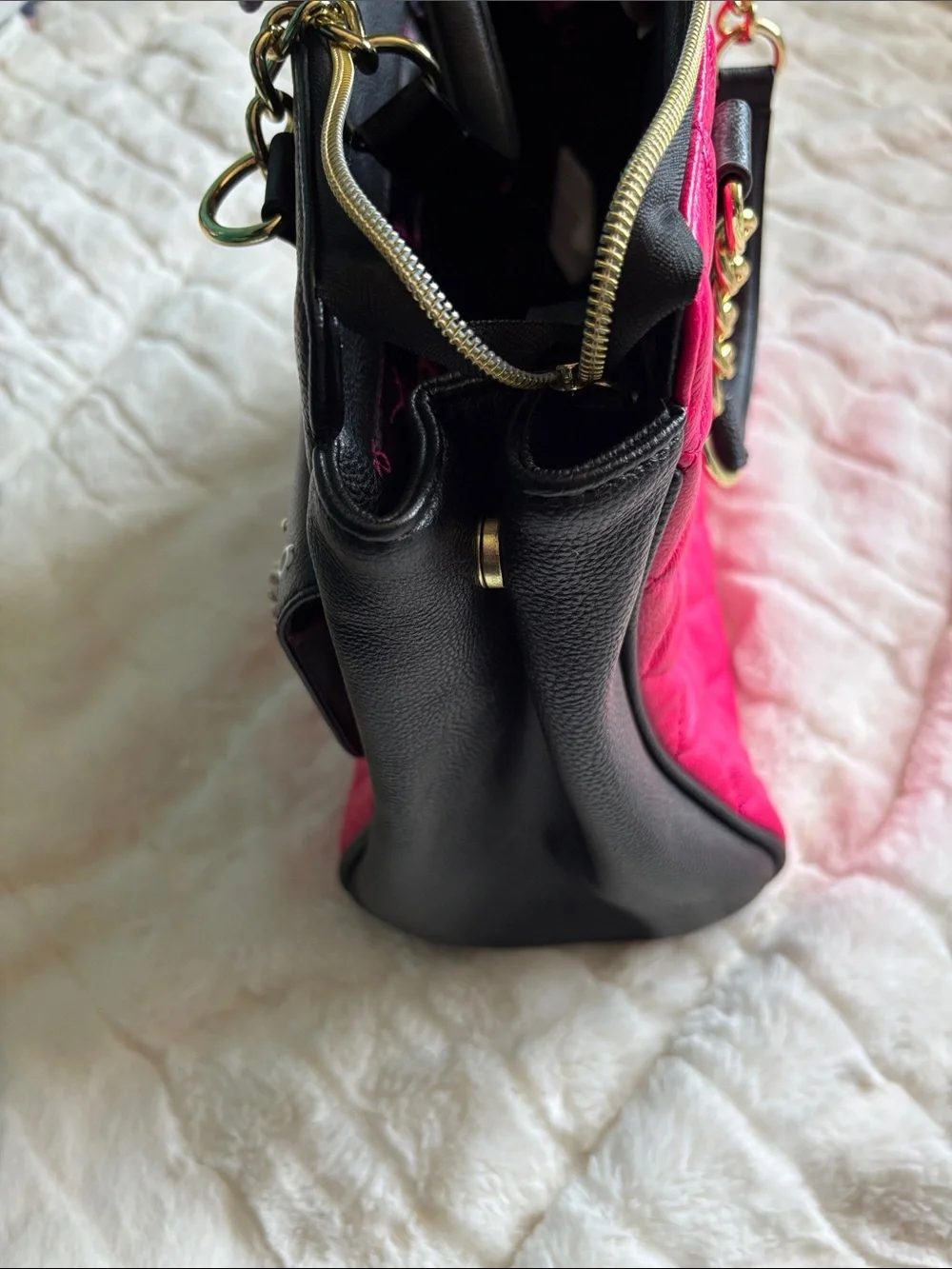 Betsey Johnson Black & Hot Pink Floral Appliqué Satchel